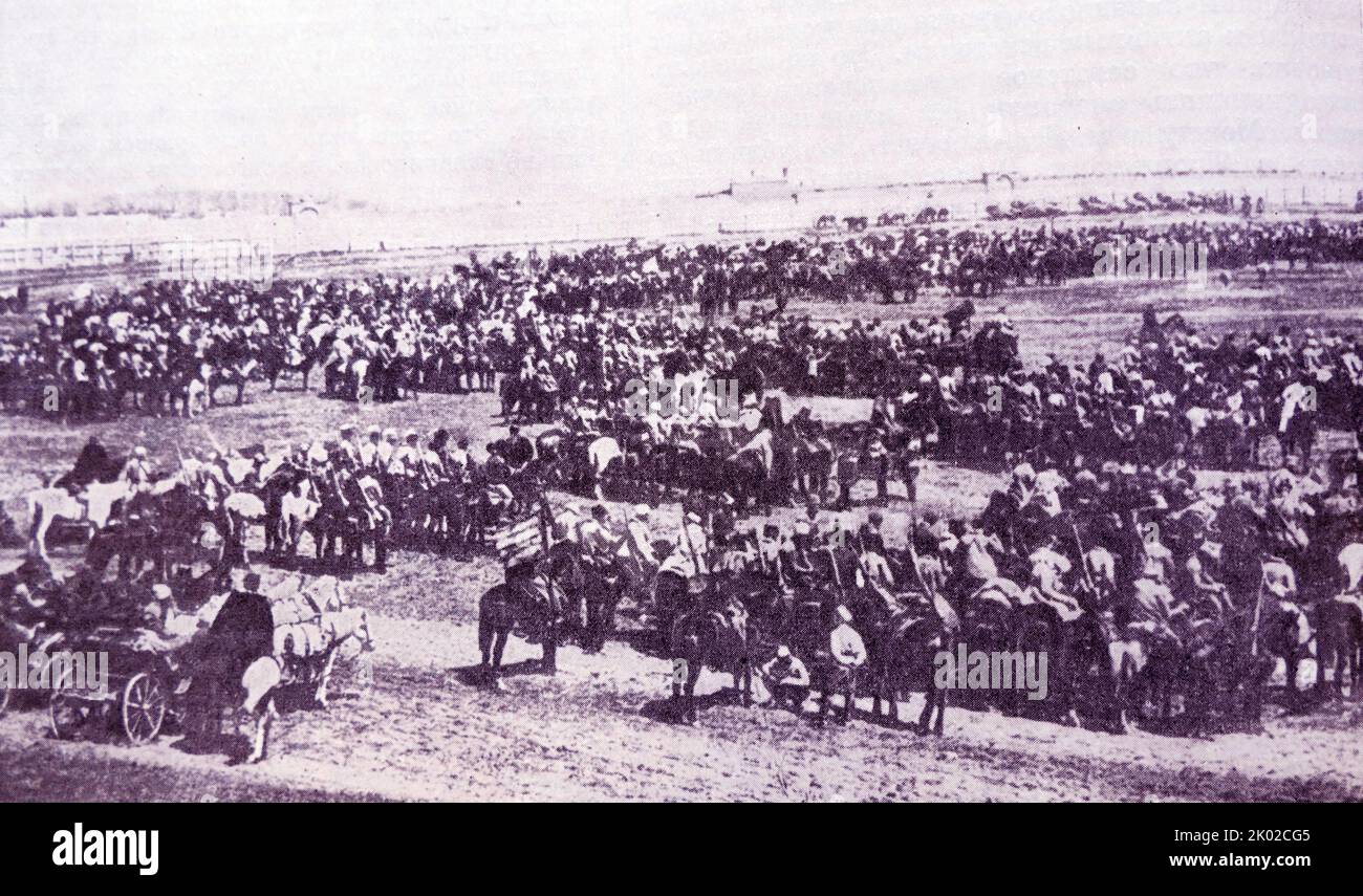 Les unités de l'armée de Cavalry de 1st se préparent à se déplacer vers le front sud-ouest. Maikop. 1920.pendant la guerre civile russe. Banque D'Images
