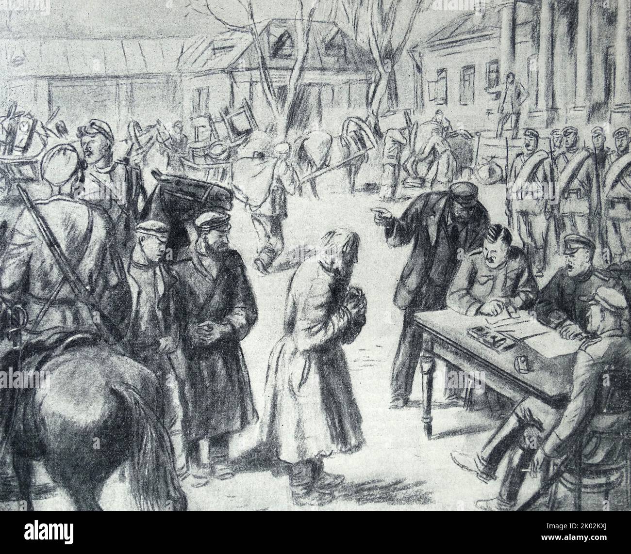 Des représentants du Gouvernement provisoire russe avec des paysans qui tentent de saisir les terres des propriétaires fonciers. Banque D'Images