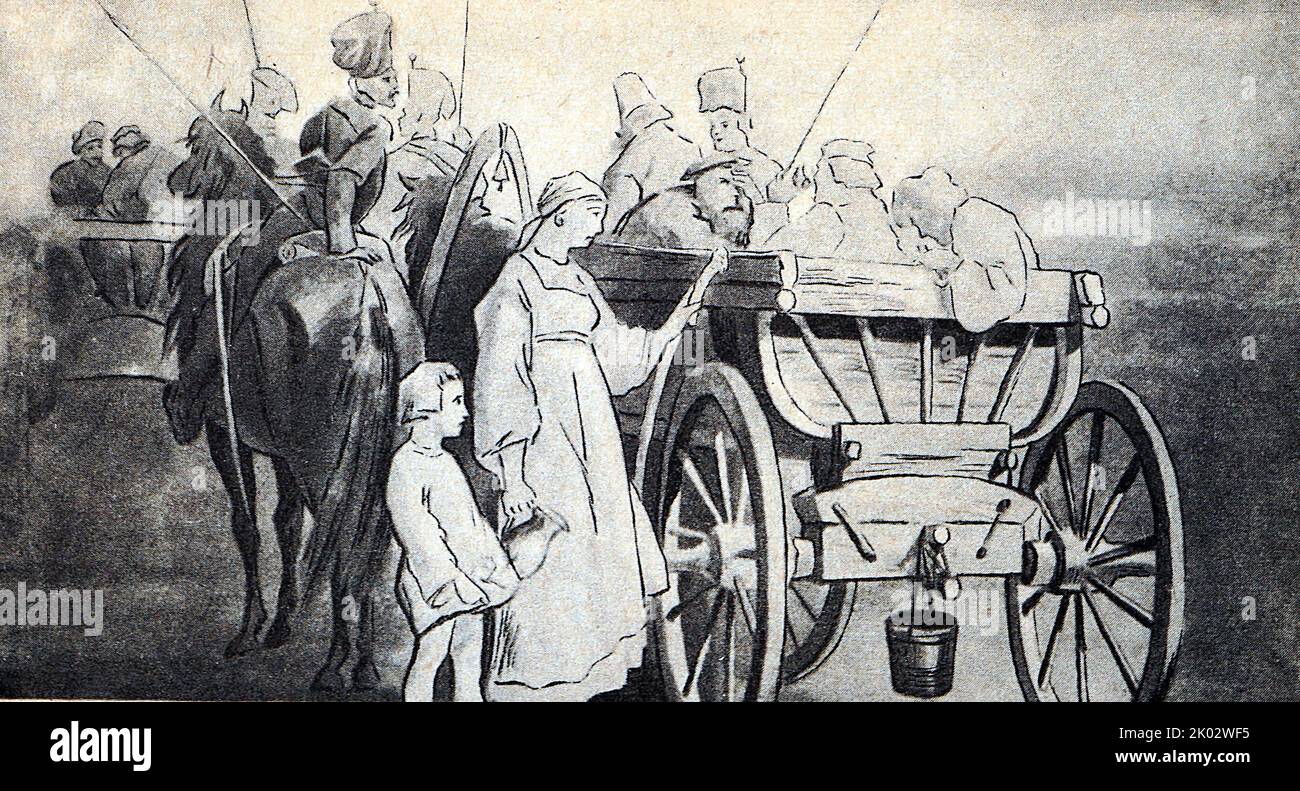 Une charrette avec des paysans arrêtés. 30s du 19th siècle. Banque D'Images