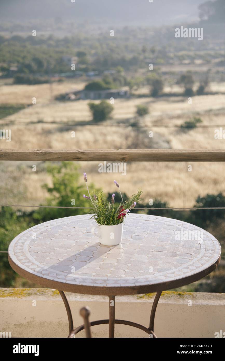Bouquet de lavande sur une table avec vue sur la vallée Banque D'Images