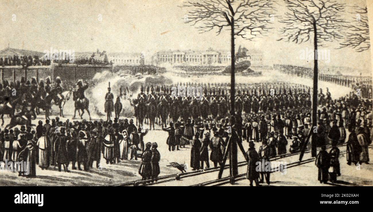 L'insurrection sur la place du Sénat à Saint-Pétersbourg sur 14 décembre 1825. D'une peinture de l'artiste K. I. Kohlman. Banque D'Images