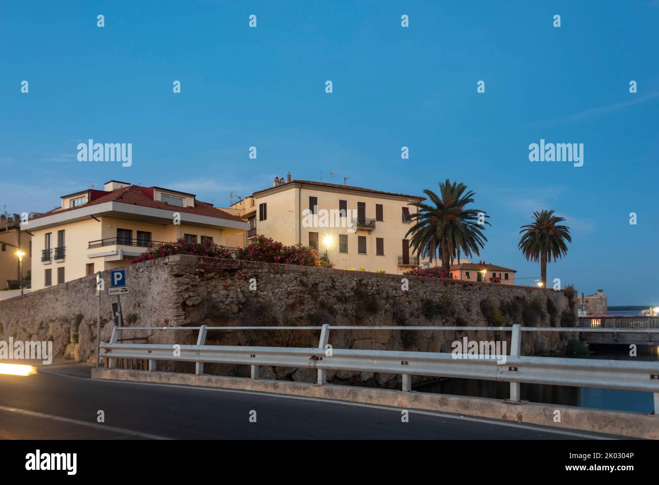 Maisons résidentielles, palmiers, Orbetello, province de Grosseto, Toscane, Italie Banque D'Images