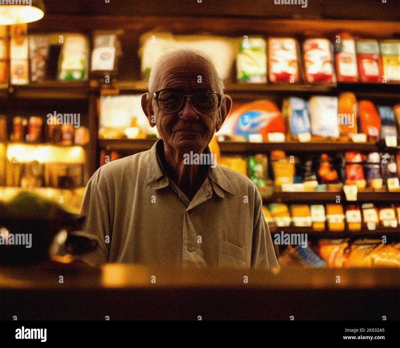 Un propriétaire de magasin âgé derrière le comptoir de son magasin Banque D'Images