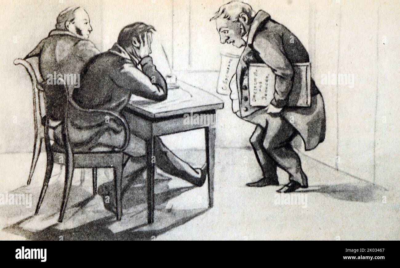 L'agent Bulgari dénonce la troisième section des magazines Sovremennik et Otechestvennye Zapiski. Caricature de 1848. Banque D'Images