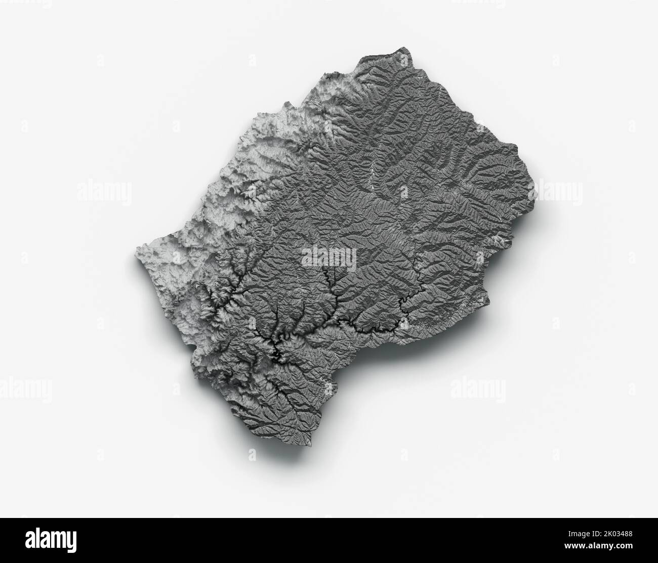 Un rendu en 3D niveaux de gris de la carte topographique du Lesotho sur fond blanc Banque D'Images