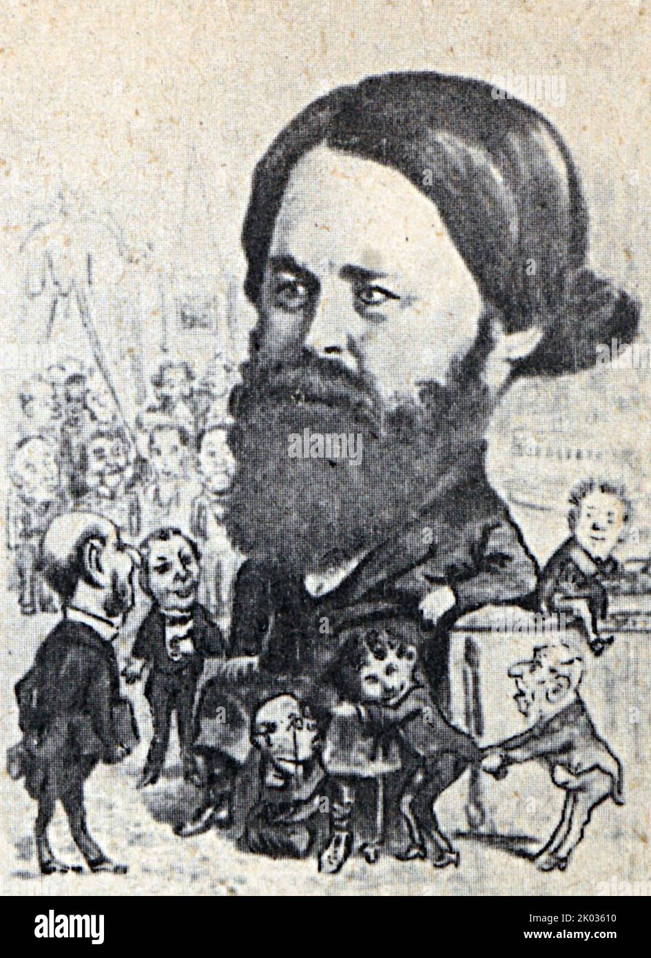 Caricature de capitalistes russes dans la seconde moitié du siècle 19th: P. I. Gubonin, un actionnaire majeur de la construction ferroviaire. Banque D'Images