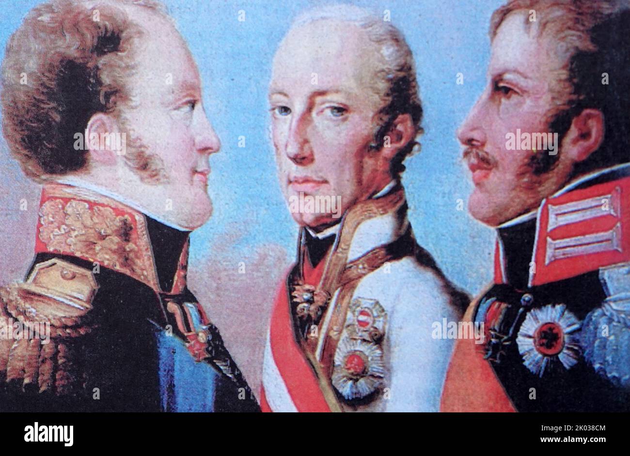 Dirigeants des États de l'Union sacrée (de gauche à droite) : l'empereur russe Alexandre Ier, l'empereur autrichien Franz Ier, le roi de Prusse Friedrich Wilhelm III Banque D'Images