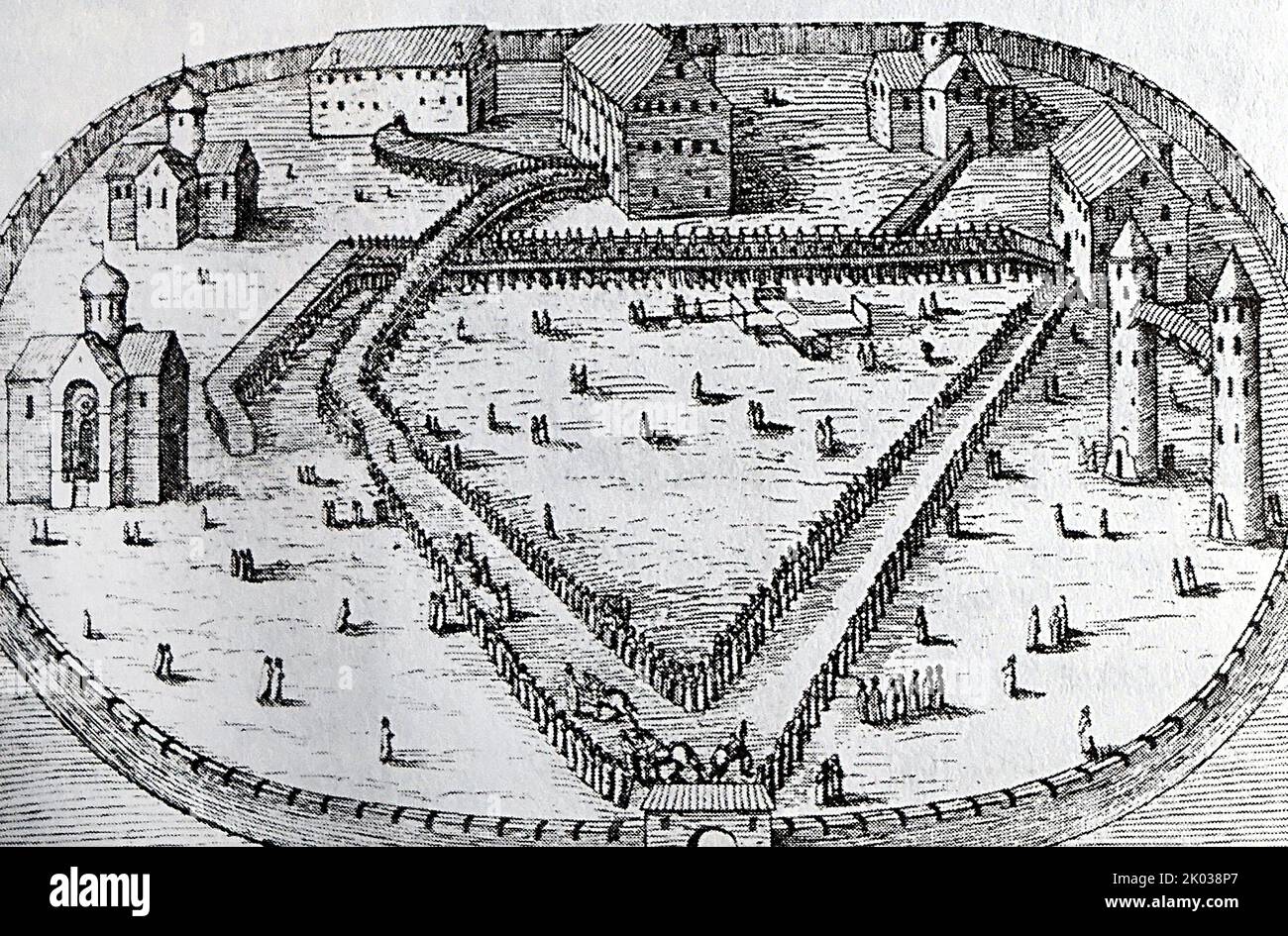 Aleksandrovskaya Sloboda au 16th siècle. Gravure de 1608. Alexandrov est une ville et le centre administratif du district d'Alexandrevsky à Vladimir Oblast, en Russie. Il est situé à 120 kilomètres (75 miles) au nord-est de Moscou. Banque D'Images