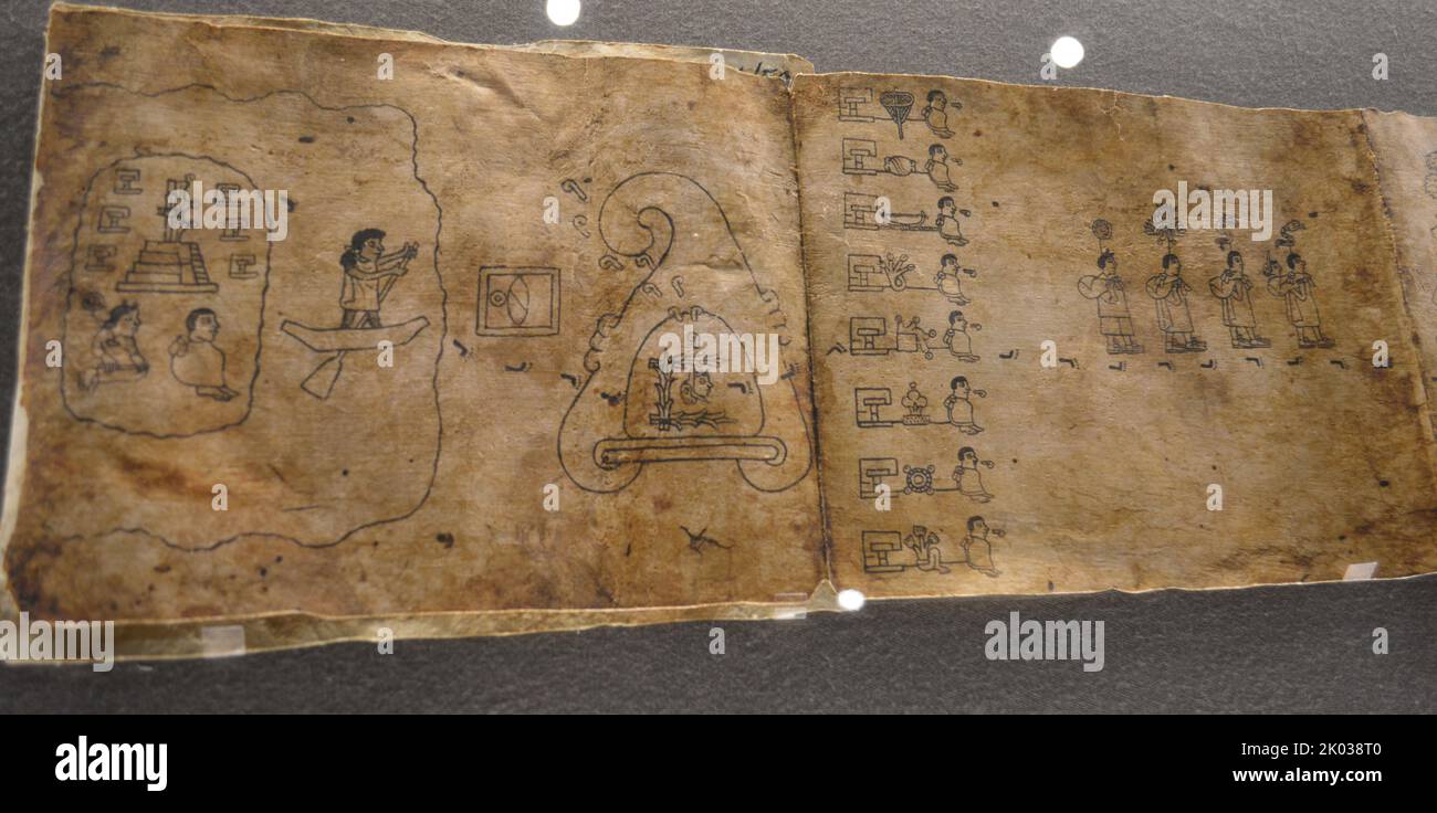 Page ou Folio 1 et 2. Télécopie du Codex de Boturini dans le papier d'Amate. Tira de la Peregrinacion de los aztecas. Travail artisanal du Codex de Boturini. Banque D'Images