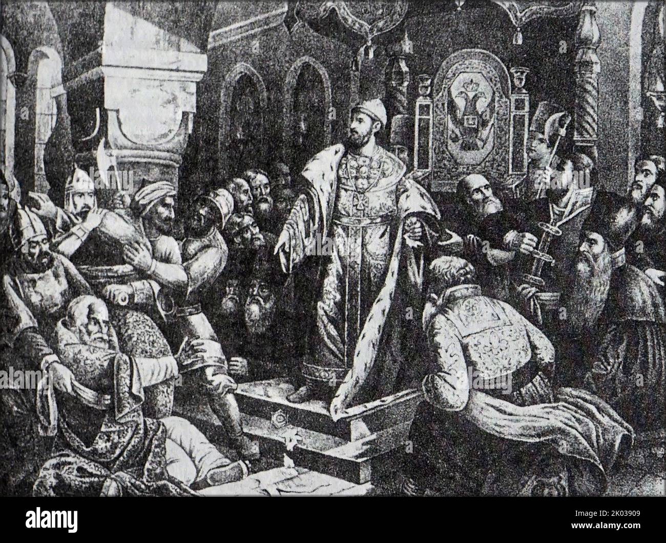 Ivan le troisième déchire la lettre du Khan exigeant un hommage. Ivan III Vasilyevitch (1440 - 1505), également connu sous le nom d'Ivan le Grand, était un Grand Prince de Moscou et un Grand Prince de tous les Rus. Ivan a servi comme codirigeant et régent pour son père aveugle Vasily II à partir de la mi-1450s avant qu'il monte officiellement le trône en 1462. En 1476, Ivan refusa de rendre l'hommage coutumier au grand Khan Ahmed, et en 1480 Ahmed Khan organisa une campagne militaire contre Muscovy. Banque D'Images
