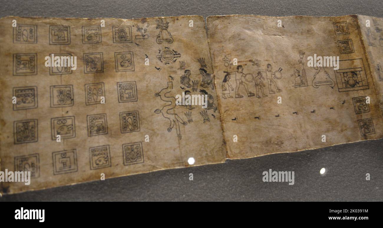 Télécopie du Codex de Boturini dans le papier d'Amate. Tira de la Peregrinacion de los aztecas. Travail artisanal du Codex de Boturini. Banque D'Images