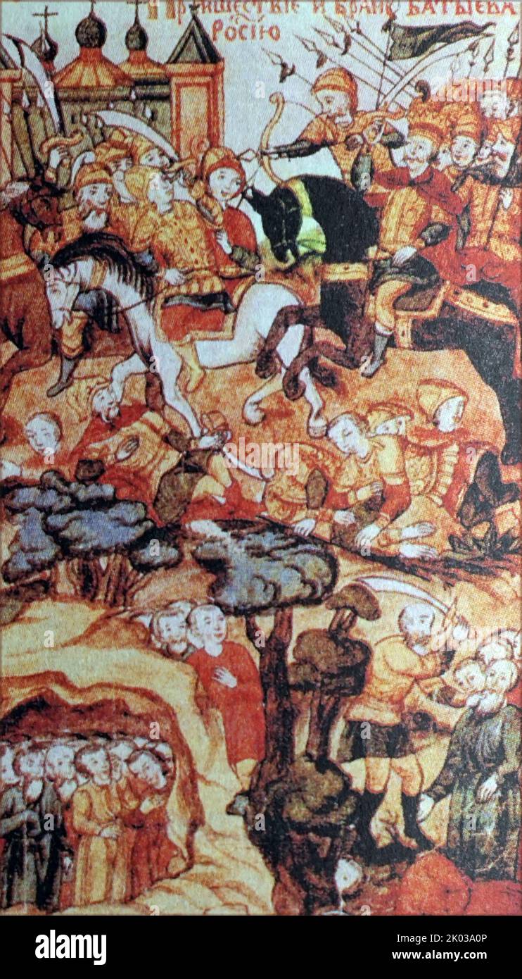 L'invasion des Tatar-Mongols. L'invasion mongole de Kievan Rus' faisait partie de l'invasion mongole de l'Europe, dans laquelle l'empire mongol envahit et conquiert Kievan Rus' au 13th siècle, détruisant de nombreuses villes. Banque D'Images