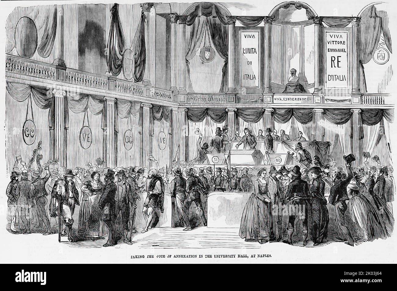 Vote d'annexion à la salle universitaire de Naples (Italie) (1860). Illustration du 19th siècle du journal illustré de Frank Leslie Banque D'Images