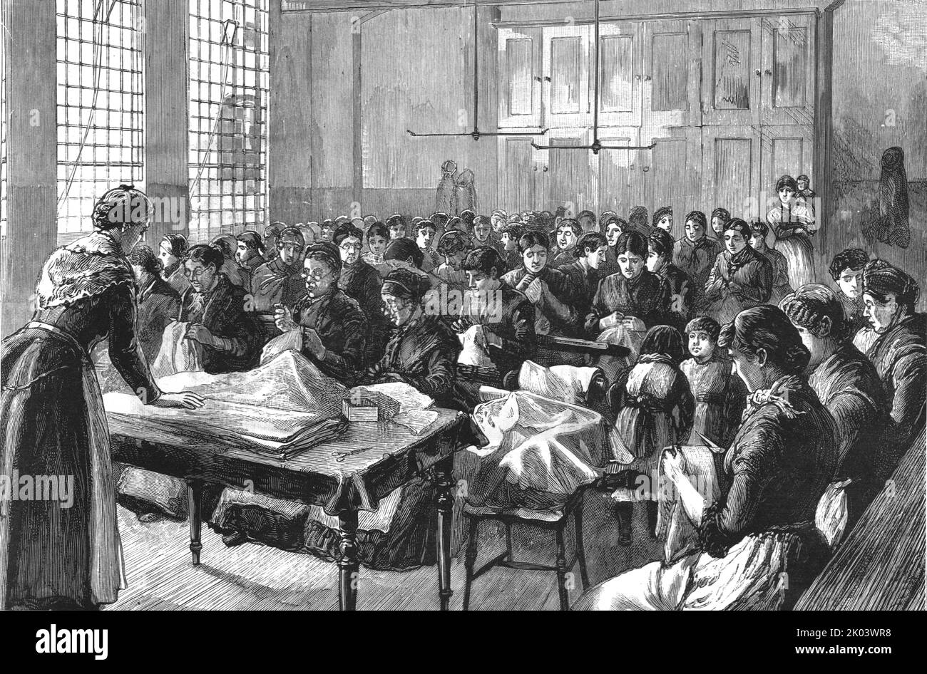 'Le Test du travail : Needlework', 1886. Dans « The Graphic. Un journal hebdomadaire illustré Volume 33. Janvier à juin 1886 » Banque D'Images