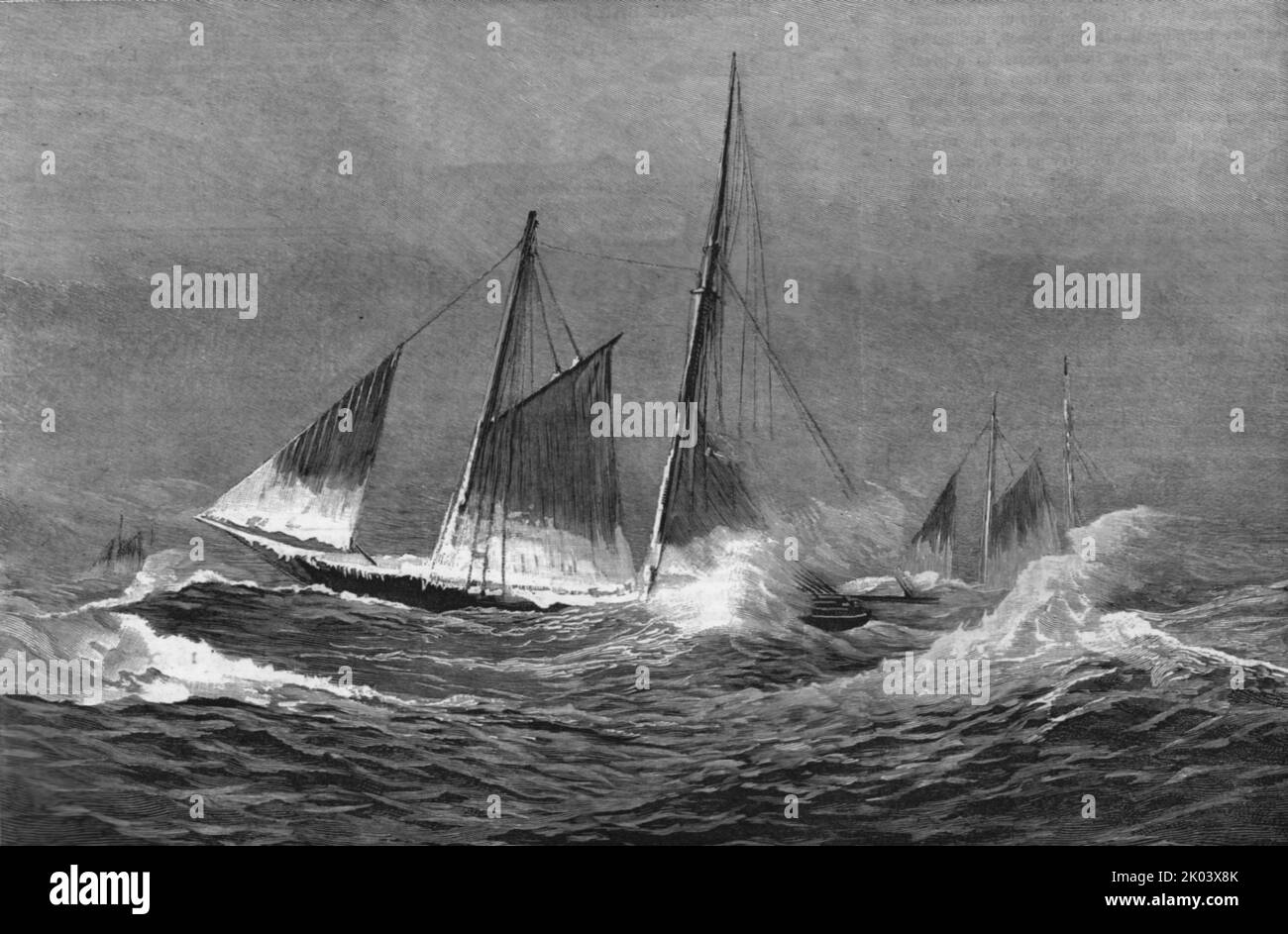'La question des pêches américaines; Fishing Schooner 'Icing Up' in a Winter Gale', 1890. Dans « The Graphic. Un journal hebdomadaire illustré », volume 41. Janvier à juin 1890. Banque D'Images