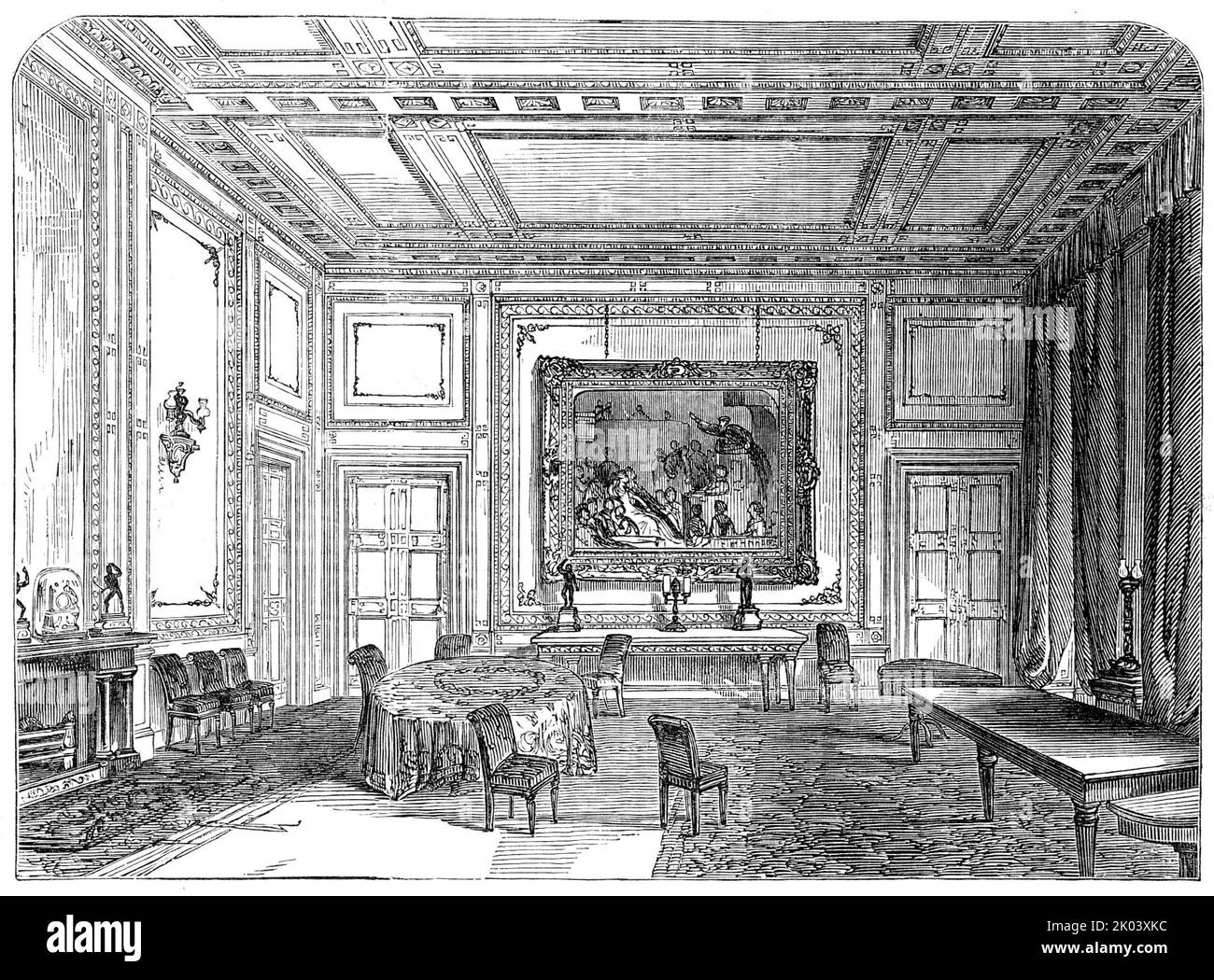 La salle dans laquelle Sir Robert Peel est mort, 1850. Vue sur '... l'appartement dans le manoir de Whitehall-Gardens où [le Premier ministre britannique] Sir Robert Peel respire son dernier. Il sera recommandé que, dès que le baronet lamenté est transporté au manoir, immédiatement après l'accident [dans lequel il est tombé de son cheval], il a été placé sur un canapé dans l'appartement le plus proche (la salle à manger). De cet appartement Sir Robert n'a jamais été enlevé; car si extrêmement sensible à la douleur est-il devenu rapidement, que ce n'est qu'après très grande difficulté qu'il pouvait être soulevé du canapé à un Banque D'Images