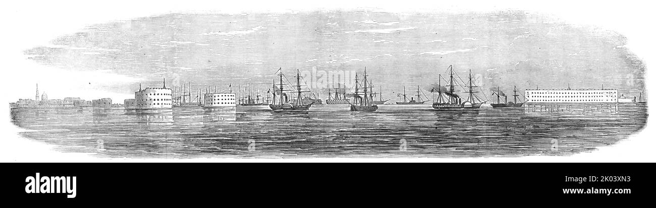 Reconnaissance à Cronstadt, 1854. Guerre de Crimée. « Fort Peter I.; fort Alexander; fort Menschikoff; « Bulldog »; « Phlegethon », Vis française ; défroisseur russe ; « Magicien » ; « foudre », sonnant sur terre ; Fort Risbank... dès que les mâts hauts des navires russes dans le port... ont été décrits à partir des têtes de mât, une grande excitation a prévalu par la flotte [anglaise]... un ou deux navires étaient... à la recherche des « machines infernales ». Tous les navires avaient des montres affichées dans leurs sommets, signalant chaque rondin flottant de bois qui portait n'importe quelle ressemblance à un Banque D'Images