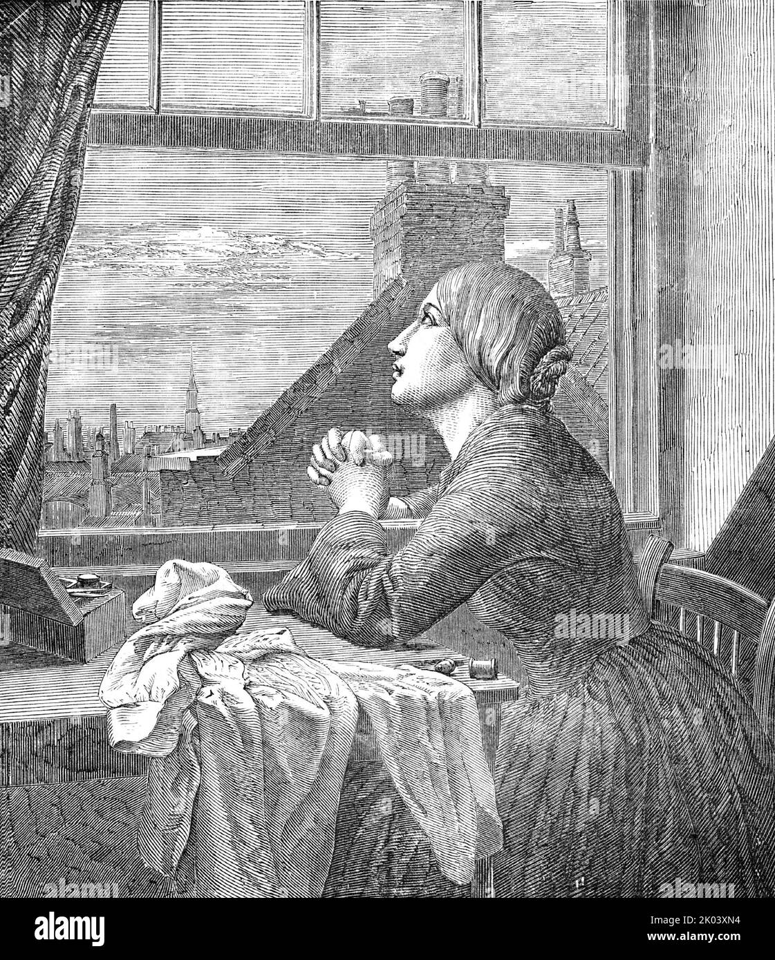 « The Song of the shirt » - peint par A.E. Blunden - de l'exposition de la Société des artistes britanniques, 1854. 'Gravure d'une image de Miss Blunden, incarnant d'une manière très forcée le sentiment de la célèbre "chanson d'une chemise", exposé dans la Galerie de la Société des artistes britanniques. Le pauvre demi-stress est assis à une fenêtre de garret, et, regardant disconsolement sur les toits de la ville bondée, ses mains clamped, comme elle chante les lignes dolaful:- "pendant seulement une courte heure, de sentir comme je l'avais l'habitude de sentir, avant que je ne connaissais les malheurs de vouloir, Et la marche qui fait ça Banque D'Images