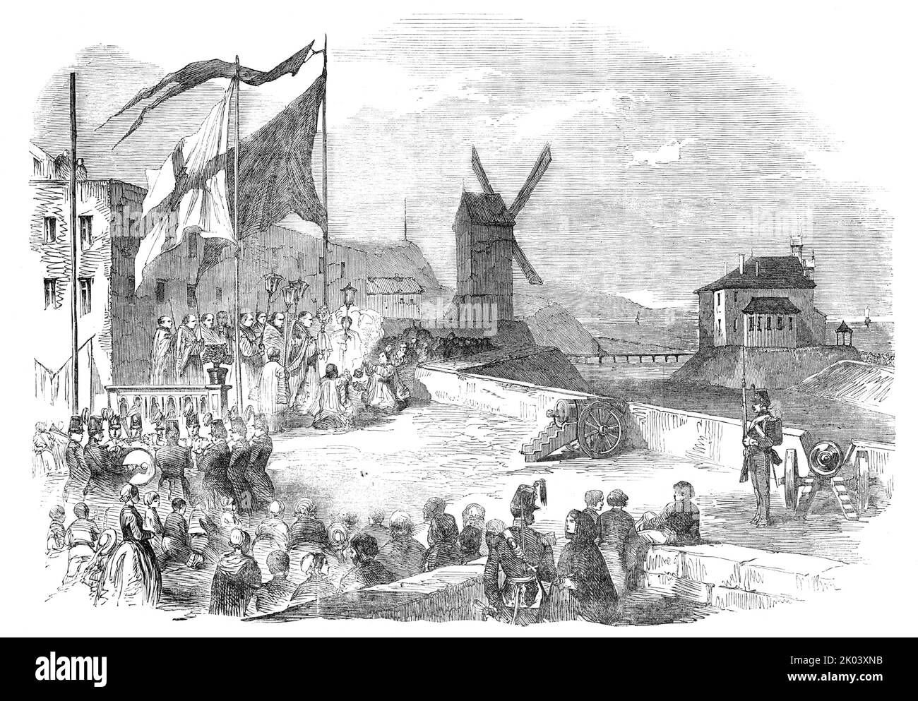 Cérémonie de la Bénédiction de la mer, à Ostende [en Belgique], 1854. '...la cérémonie annuelle de Bénédiction de la mer... est habituellement exécutée le jour de Saint-Pierre... la procession a commencé de l'église pour faire sa visite de la ville, offrant des prières aux autels plongeurs, érigés (temporairement) à différents points de son parcours. Le cortège était très long, représentant l'histoire de notre Sauveur, Saint Jean, la Vierge Marie, et l'ensemble étant suivi par le prêtre, portant l'Armée sous une verrière. Arrivé aux remparts, le prêtre quitta la procession et, avec quelques autres, les monta Banque D'Images