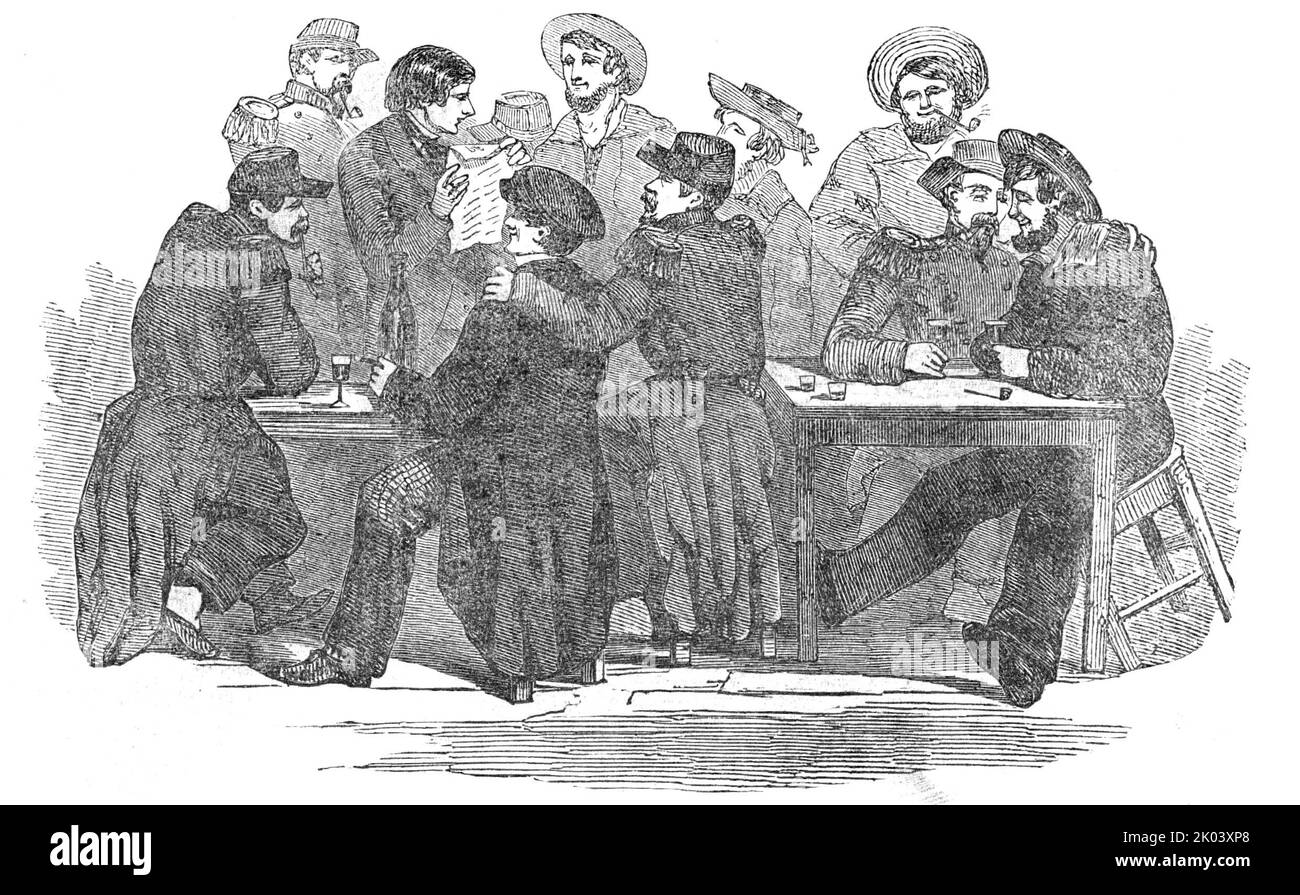 Soldats français et marins anglais Fraternisant à Calais, 1854. Le personnel allié en France avant de partir pour combattre dans la guerre de Crimée. '...les soldats bondaient les cafés avec lesquels Calais abonde; mais ils n'avaient pas la seule occupation des maisons publiques, car ici et il y avait des groupes de marins anglais, des "Liberty men" de la flotte qui circulaient en grand dans les routes de Calais. Grand était la bonne humeur de tous les côtés, et intense la cordialité parmi les marins et les soldats. Ils ne pouvaient pas se comprendre les uns les autres en termes, "tis vrai; mais la Franc-maçonnerie de la bouteille les a fait d'excellents amis pour tous Banque D'Images
