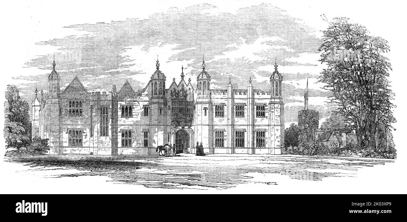 Hengrave Hall, Suffolk, le siège de Sir Thomas R. Gage, Bart, 1854. Maison construite entre 1525 et 1538. 'Hengrave, le siège de Sir Thomas Rookwoode Gage... est un exemple noble et unique du "manoir majestueux ", à la période de la dynastie Tudor... par le retrait, au XVIIe siècle, de la cour extérieure, et plus tard d'une masse de construction sur les côtés est et nord de la maison, la maison a été réduite d'un tiers, au moins, de sa taille originale. Le front sud, la porte-maison, et la cour intérieure, de maçonnerie fine, embattue, avec la baie vitrée de la salle, ar Banque D'Images