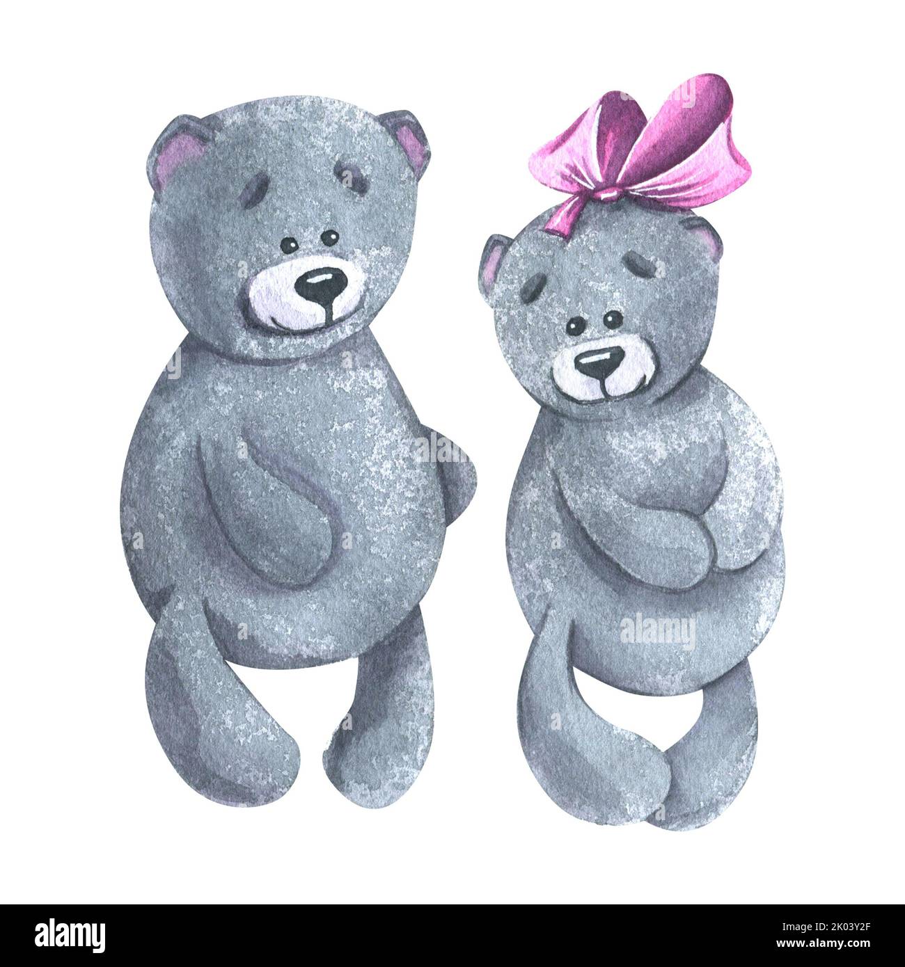 Une jolie paire d'ours en peluche, un garçon et une fille avec un noeud, des jouets en peluche. Illustration aquarelle. Objets isolés d'un grand ENSEMBLE DE SAINT-VALENTIN. Pour Banque D'Images