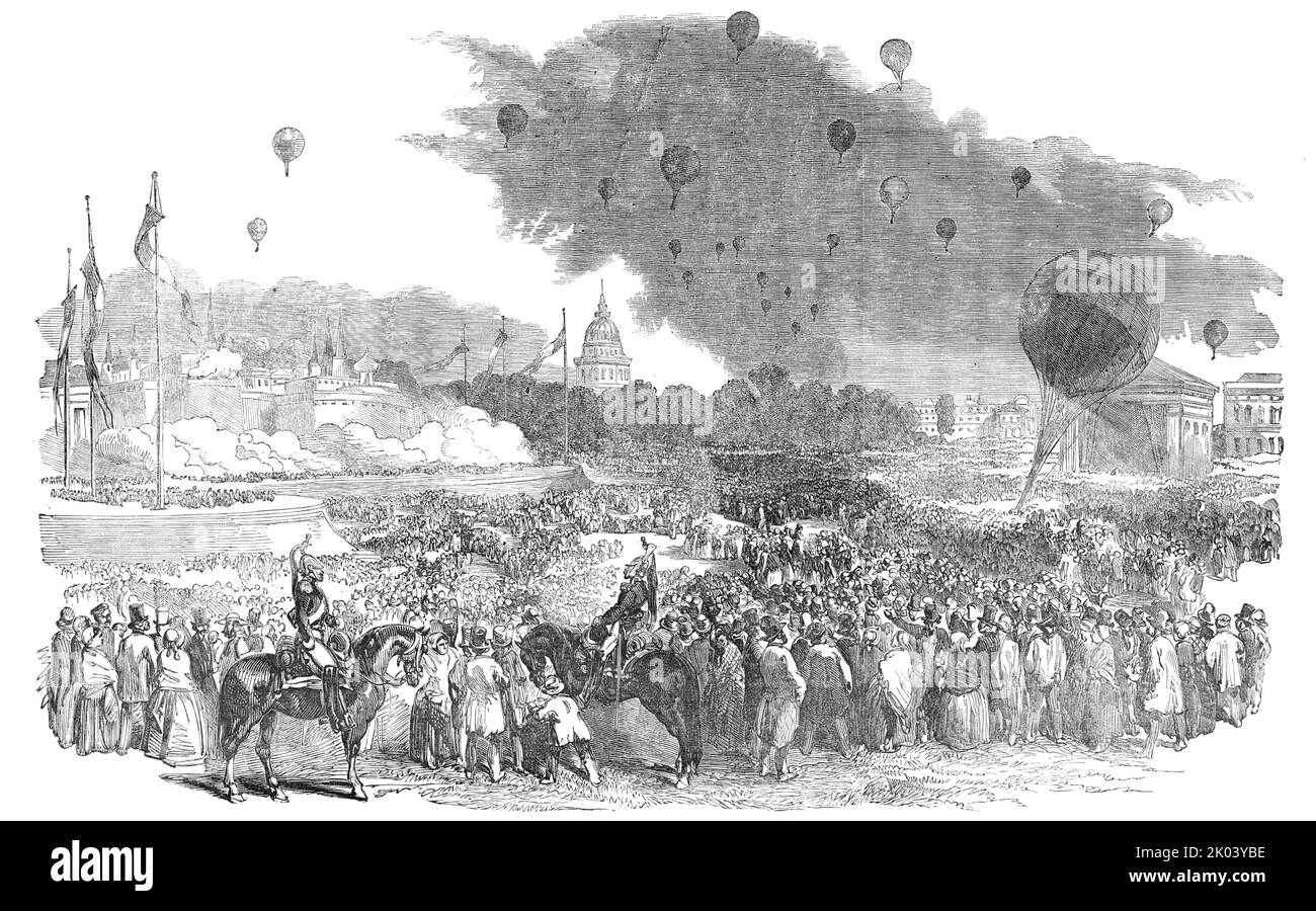 La tête à Paris - représentation du siège de Silistrie, dans le champ de Mars - flottille de ballons, 1854. Reconstitution d'un événement de la guerre de Crimée. '...tout ce qui concerne la guerre ou son imitation est toujours agréable pour la nation française... plus de 1500 artistes ont prêté leur aide pour donner la vérisimilitude à l'action [de la] pantomime militaire... le fort d'Abd-ul-Medjid occupe le premier plan... un corps de Russes apparaissent, Et le tir commence... les Russes sont répulsés avec grand loss...it est intimidés que les forces françaises et anglaises ont atterri, et sont sur le point de s'en rel Banque D'Images