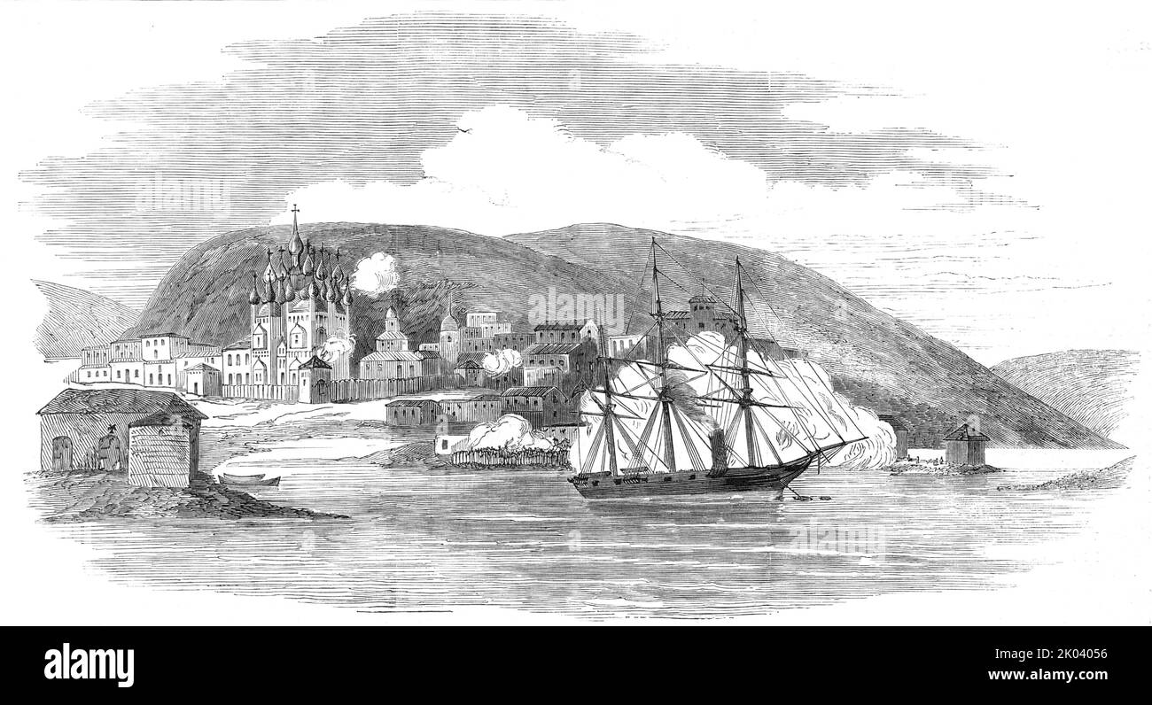 H.S. « Miranda » détruisant la ville de Kola, capitale de la Laponie russe, 1854. Guerre de Crimée : navire de la Marine royale attaquant. « La Russie a subi une grave perte par la destruction de Kola... le capitaine Lyons a... l'a expulsée de la liste des capitales... le Miranda se trouve à l'intérieur de la plage de points vides de la batterie. Le gouverneur de la ville ne s'en tirait pas; les fusils étaient habités, et chaque tour et bâtiment ont fait une boucle, et rempli d'hommes; mais ils ne pouvaient pas supporter le tir et la carapace et le tir redhot dans la portée du mousket. En moins d'une heure, leurs armes ont été démontées, leurs batteries en RU Banque D'Images