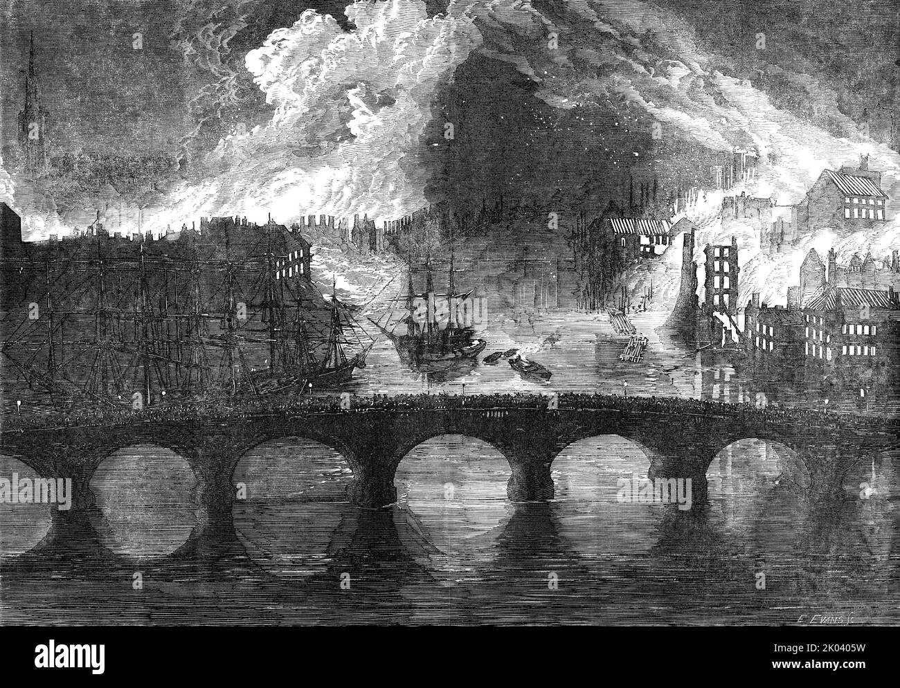 Les grands feux, à Newcastle et à Gateshead - esquissés du pont de haut niveau, 1854. Explosion massive après un incendie d'entrepôt. « Depuis les différents étages... d'énormes masses de suif fondu et de plomb coulaient dans de nombreux ruisseaux. Les huit édifices étagés étaient une masse de flamme, et à chaque atterrissage, le soufre fondu, le suif et le plomb fondu descendaient dans des averses lumineuses. Il ressemblait à une cataracte au feu... les marques brûlantes étaient alors dispersées sur les toits des maisons voisines, et largement étendu la conflagration... le quai du côté Newcastle de la rivière était littéralement parsemé de flammes Banque D'Images