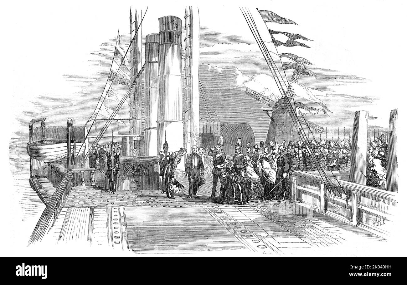 Le roi du Danemark visite M. Peto à bord du Cygnus, 1854. Ouverture du chemin de fer royal danois de construction britannique par Frederick VII, roi du Danemark. Samuel Morton Peto, associé du cabinet Peto, Brassey et Betts, et l'ingénieur George Parker Bidder, étaient présents à l'inauguration. Le roi a été amusé sur le navire Cygnus de la Compagnie de navigation à vapeur du nord de l'Europe, '... capt Raymond, R.N....sa Majesté - un homme beau, d'imposer des miens et d'avoir un roulement de soldats... a réitéré ses assurances de la plus grande affection pour M. Paton, l'ingénieur intérimaire: M. Louth, l'homme général Banque D'Images