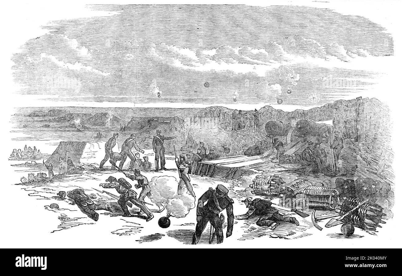 Ouverture du bombardement de Sebastopol - batterie Chapman, 1854. Guerre de Crimée. « Le feu russe, bien que bien dirigé, n'a fait aucune impression sur nos batteries aux éléments éclaboussants, alors qu'il était évident que la terre de leurs s'enroulait, et volait dans des tas de poussière, depuis la décharge de nos armes lourdes. Le grand roudran à gauche de la tour semblait au début souffrir moins des effets de notre feu, Et tous les canons dans elle continua pendant un temps pour nous jeter toutes les espèces de projectiles... à trois heures le magazine à l'intérieur du grand russe redan explosé, avec un bruit fantastique . Banque D'Images