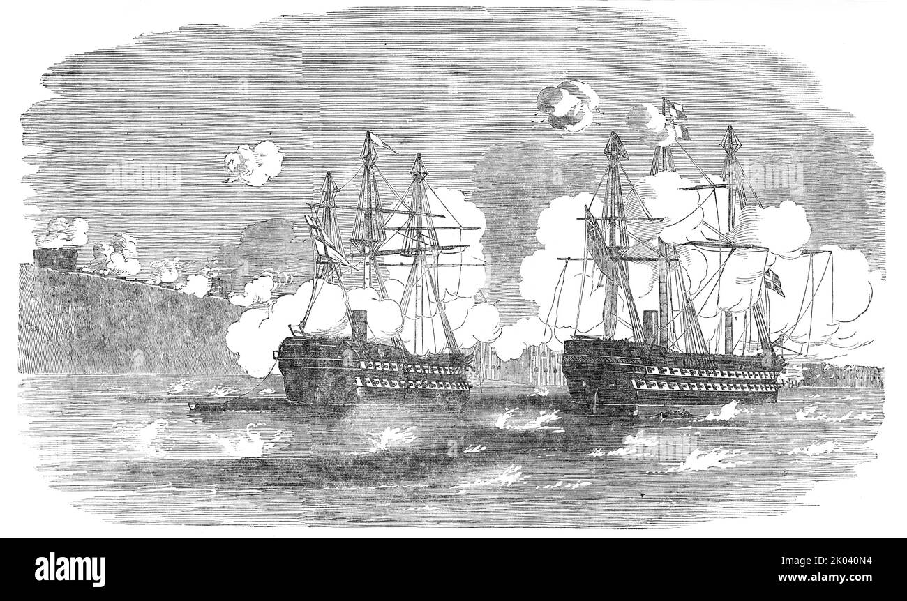 Le "Agamemnon" et le "Sanspareil" attaquant Sebastopol, 1854. Guerre de Crimée : navires de la Marine royale. '... l'Agamemnon... a ouvert le feu de son grand fusil pivot sur le fort "Wasp", pour essayer la gamme, à laquelle le fort a répondu instantanément; et en quelques minutes de plus, une grande batterie de boue - fort Constantine et fort Alexander - a ouvert leurs canons, comme le navire a attiré dans sa station. Elle a semblé souffrir avec peur à ce moment-là... elle est sortie de l'action une épave parfaite, après avoir été frappée 240 fois; sa coque montrant des trous béants, son accrochage accroché en éclat, sa cour principale coupée en deux Banque D'Images