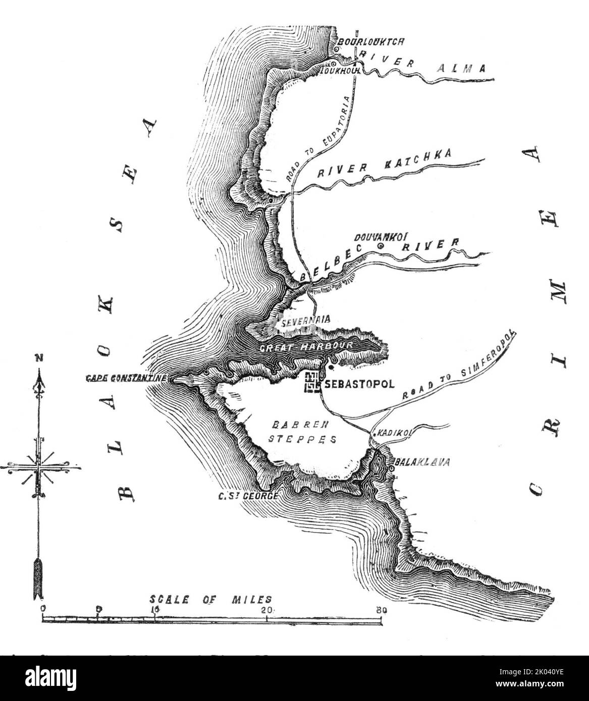 Siège de Sebastopol - carte, 1854. Guerre de Crimée. Mer Noire, ville et port de Sebastopol, rivières Belbec, Katchka et Alma, Balaklava, routes vers Eupatoria et Simferopol, Barren Steppes, Cap Constantine. 'Le siège de [tenu par la Russie] Sebastopol [par les armées alliées] offre équitable de se classer comme l'opération la plus remarquable dans les annales de la guerre moderne. Il est vrai que nous ne sommes plus à un moment où les sièges ont été portés avec des fusils de petit calibre, exigeant une approche proche des murs pour être efficace contre eux. Toute la science du premier parallèle et du deuxième parallèle est de plus en plus ancienne, et les armées, whe Banque D'Images