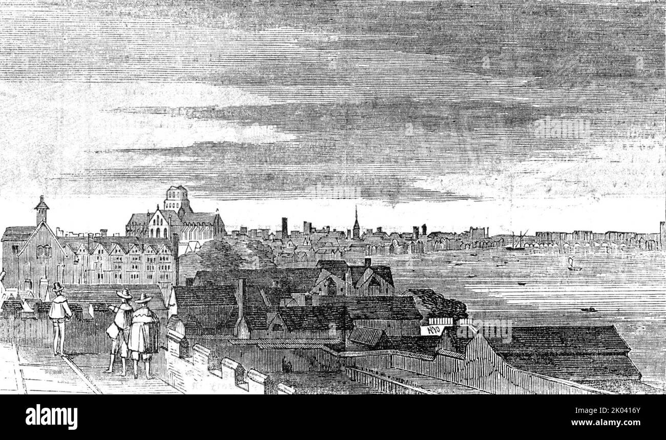 Vue de Londres depuis le toit de la maison Arundel, [c1646], 1854. Panorama sur la Tamise : « une partie de la vue sur Londres, depuis le toit en batte d'Arundel-House : au premier plan se trouvent les bâtiments du Temple, et au-delà se trouvent le vieux Saint-Paul, sans pointes, et le pont de Londres, avec les maisons dessus : montrant une photo-en-peu de Loudon depuis deux siècles ». De "Illustrated London News", 1854. Banque D'Images