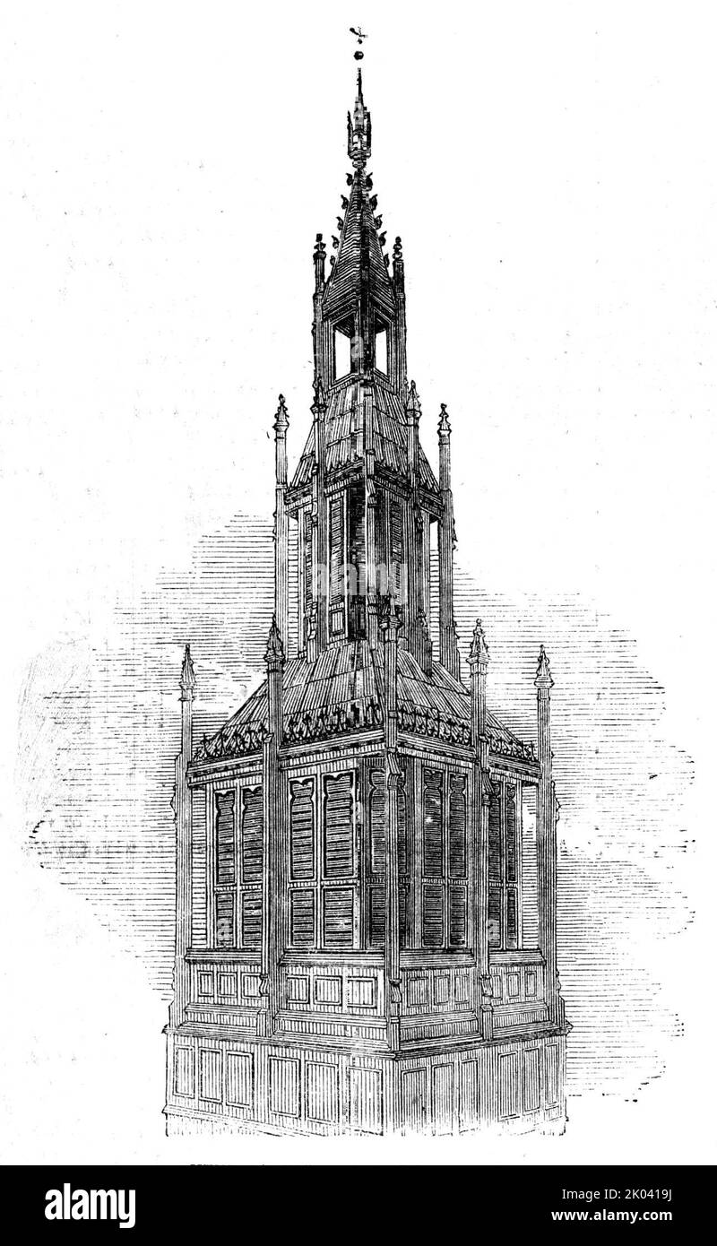 Les nouvelles chambres du Parlement - gaine de ventilation, front de rivière, 1854. Palais de Westminster, Londres. '... le nouveau Louvre, ou la gaine de ventilation, vient d'être achevé pour la sortie de l'air vitiated et de la fumée des bibliothèques, et l'ensemble des salles de comité... la lanterne est de forme quadrangulaire, divisée en trois étapes... à chaque angle, Et au centre du côté plat, se trouve une contrefort légère, surmontée par des embouts crocketed... le sommet est porté dans l'air par un petit arbre, fini par une croix sphérique. À la base de cet arbre se trouve un groupe de quatre plus petites fesses volantes. La hauteur totale est de Banque D'Images