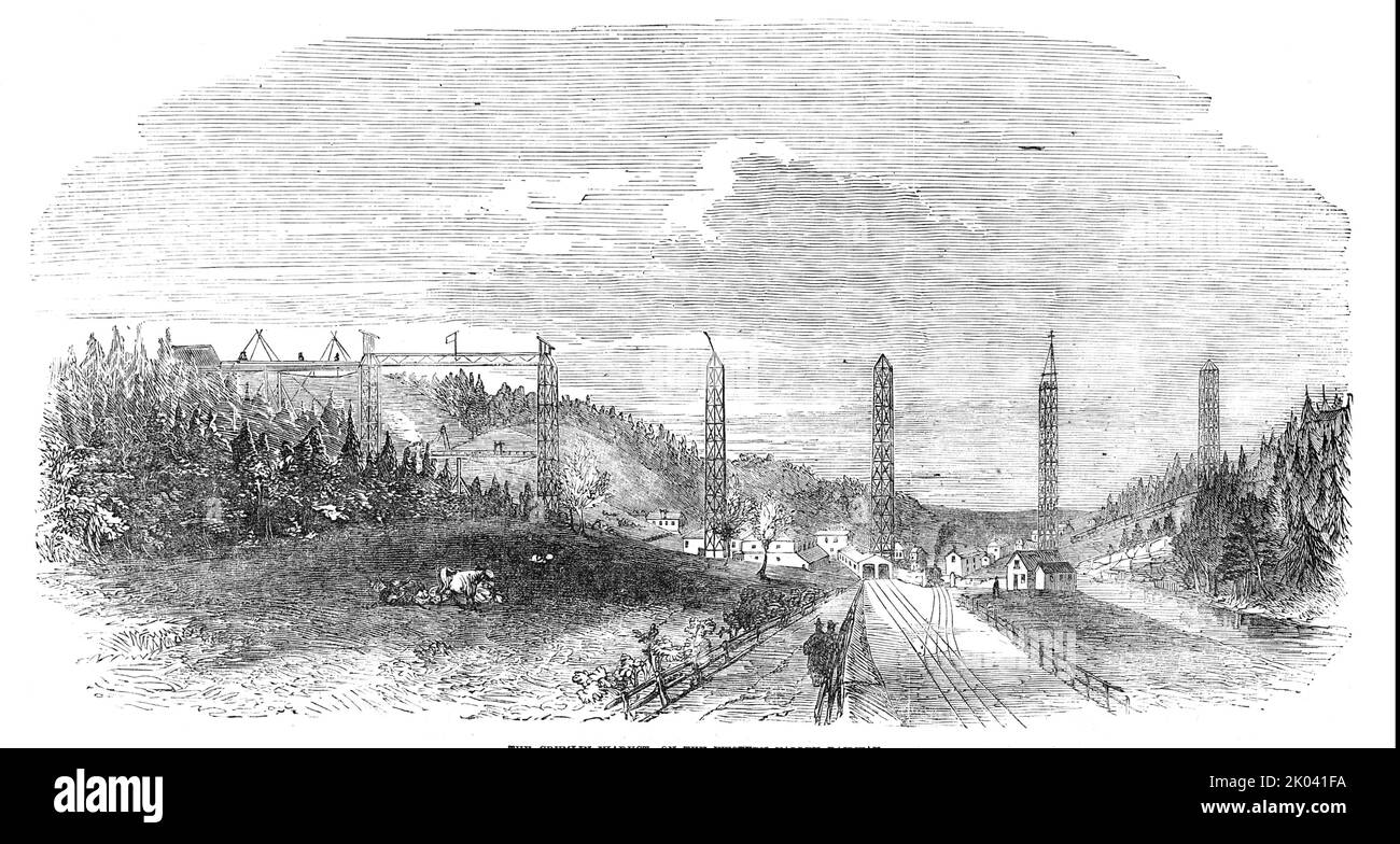 Le Viaduc de Crumlin, sur le Western Valley Railway [au sud du pays de Galles], 1854. '...chacun des piliers de fer qui doivent supporter les poutres... est, à moins de 12 pi, La hauteur du monument de Londres... chacune des poutres... mesure 150 mètres de long... le chemin de fer d'extension Taff Vale... contribuera de manière importante à développer la richesse minérale du sud du pays de Galles... à droite se trouve un viaduc plus petit de deux jetées qui s'étend sur la route Kenydon ; Et un tramway, appartenant à Sir B. Hall, Bart., député le principe de la poutre est déclaré breveté par le capitaine Warren et l'entrepreneur du Viaduc, M. T. W. Ke Banque D'Images