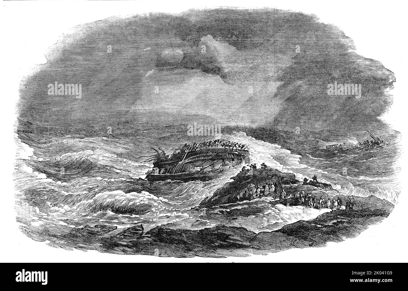 Épave du navire de troupe « Charlotte », dans la baie d'Algoa, 1854. Les soldats britanniques ont perdu en mer au large de l'Afrique du Sud, pendant la guerre de Crimée. '... elle s'est glissée vers la rive, et a finalement frappé sur les rochers au bout de Jetty-Street... l'appareil de Manby a ensuite été ramené, et une corde a été lancée plusieurs fois au-dessus du navire, mais la communication a été perdue... les hommes étaient debout devant leurs serveurs dans l'eau, Et aucune corde n'a pu être obtenue... le navire était maintenant en train de se casser rapidement... en moins d'une demi-heure... l'arc du navire a complètement tourné, et la veille Banque D'Images
