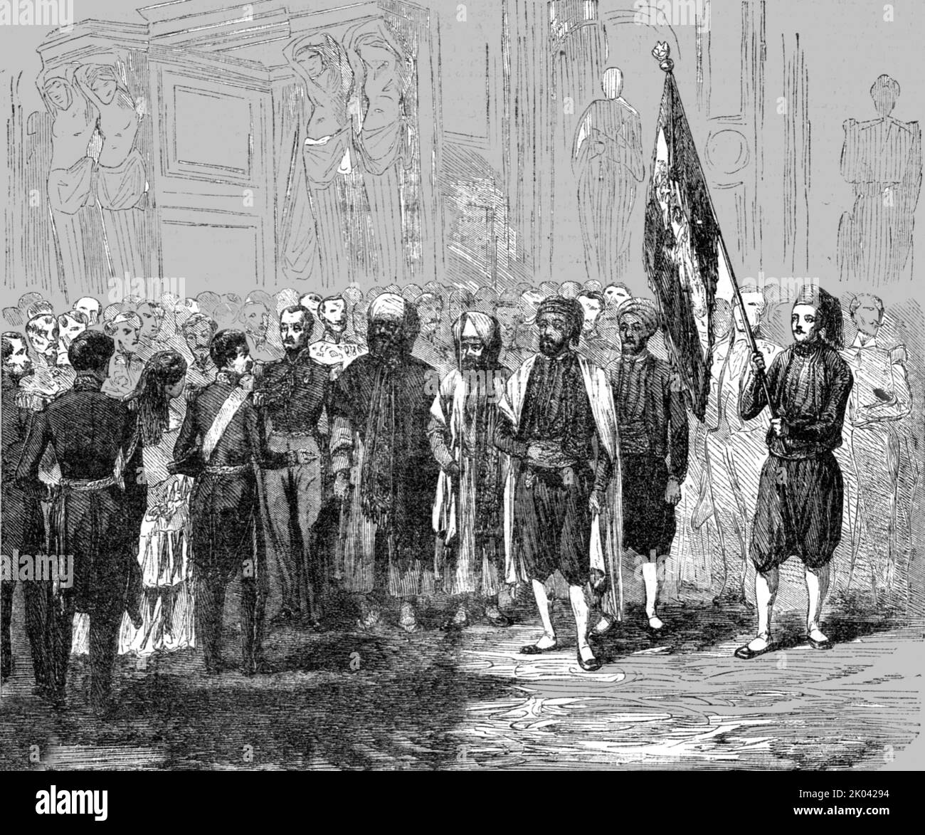 'Présentation du drapeau algérien à l'empereur des Français', 1854. De "Cassells Illustrated Family Paper; London Weekly 31/12/1853 - 30/12/1854". Banque D'Images