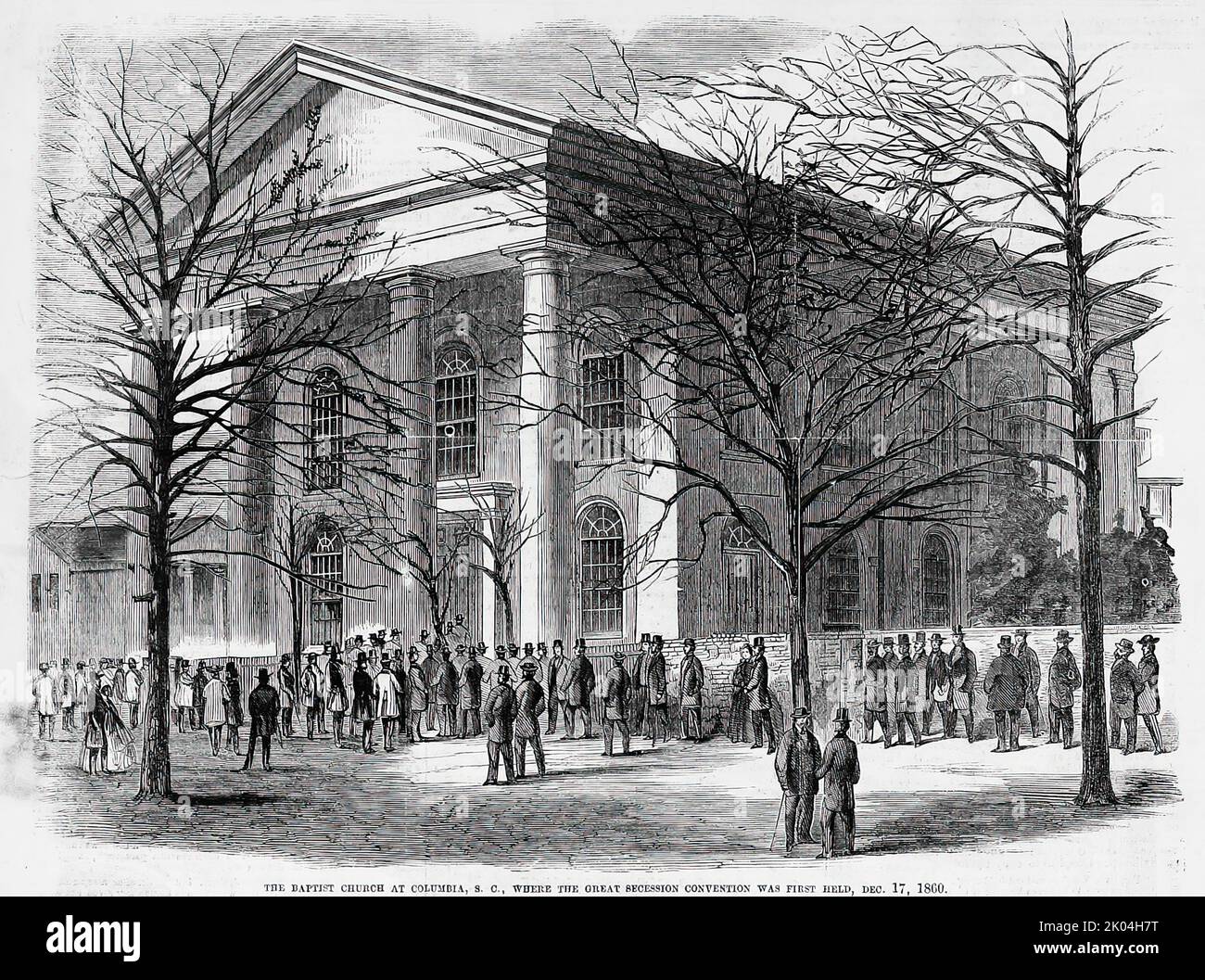 L'église baptiste de Columbia, en Caroline du Sud, où la grande convention de sécession a été tenue pour la première fois, 17 décembre 1860. Illustration de la guerre de Sécession américaine du 19th siècle tirée du journal illustré de Frank Leslie Banque D'Images
