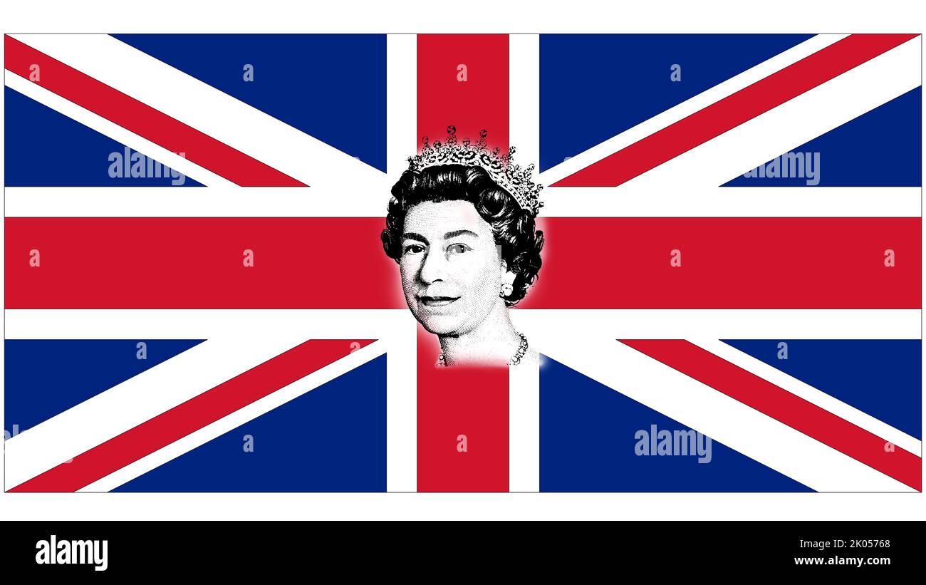 Queen Elizabeth II : hommage à la silhouette du visage, style pop art multicolore redessiné, avec l'arrière-plan le drapeau du Royaume-Uni. Banque D'Images