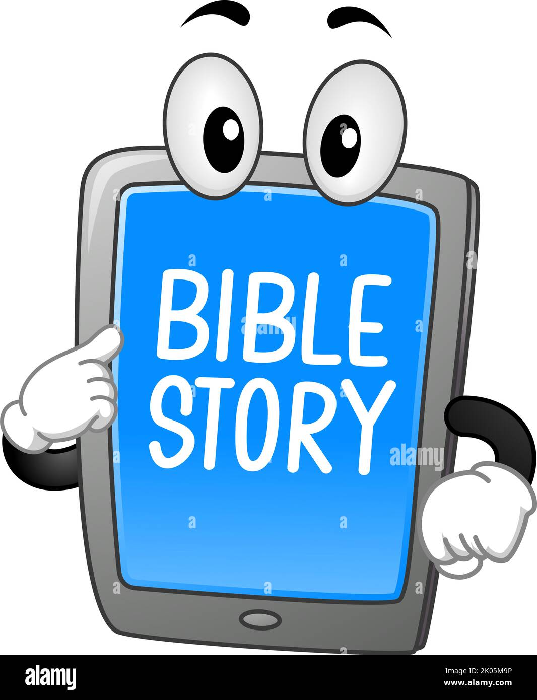 Illustration de la tablette Mascot ou du téléphone mobile pointant vers son écran avec l'application Bible Story Banque D'Images