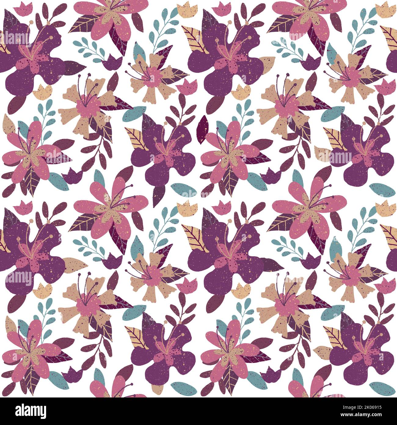 Motif fleuri d'hiver sans couture. Texture pulvérisée mauve, violet, beige, bleu. Fleurs, feuilles, brindilles et bourgeons. Textile, papier Banque D'Images