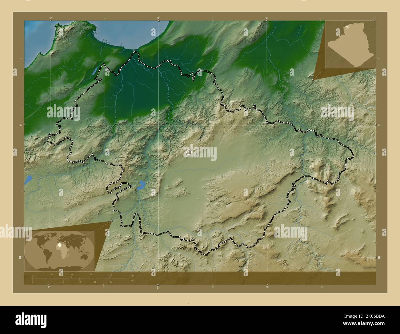 Mascara, province d'Algérie. Carte d'altitude en couleur avec lacs et