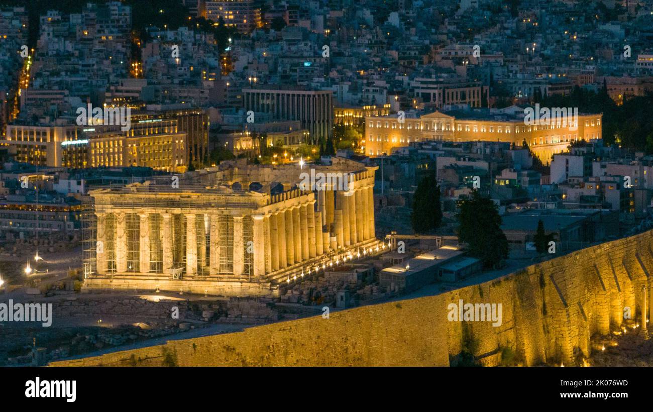 Vue aérienne du Parthénon à l'Acropole d'Athènes, Grèce au crépuscule Banque D'Images