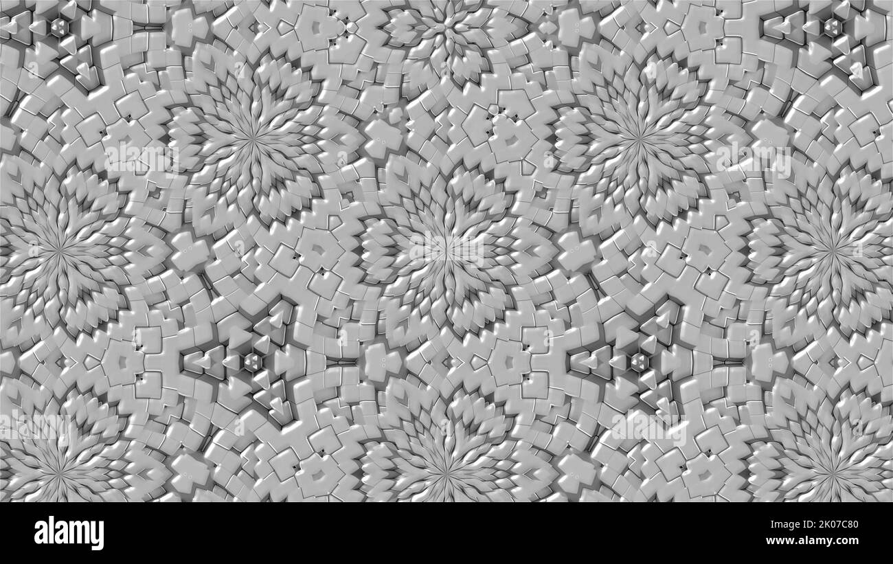 Beaucoup de kaléidoscopes symétriques comme des fleurs, fractal 3D rendu toile de fond, ordinateur générant l'arrière-plan Banque D'Images