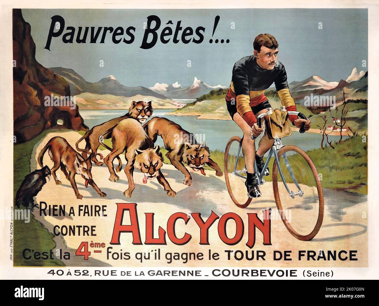 Affiche vintage pour - cycliste belge Odile Defraye membre de l'équipe de course d'Alcyon français. Gagnant du Tour de France, 1912 Banque D'Images