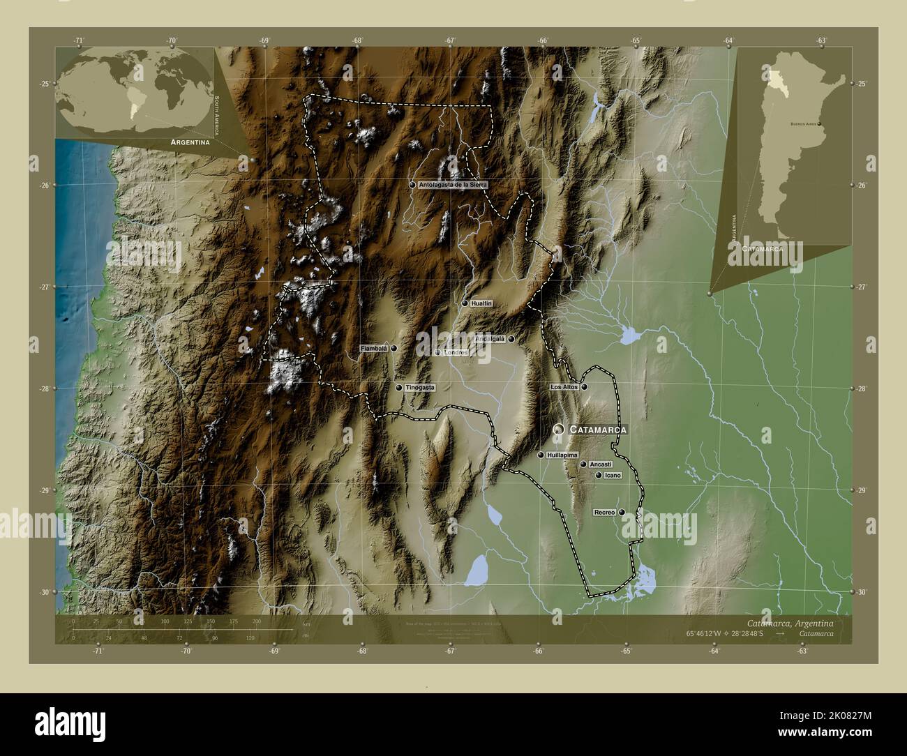 Catamarca, province d'Argentine. Carte d'altitude colorée en style wiki avec lacs et rivières. Lieux et noms des principales villes de la région. Coin Banque D'Images