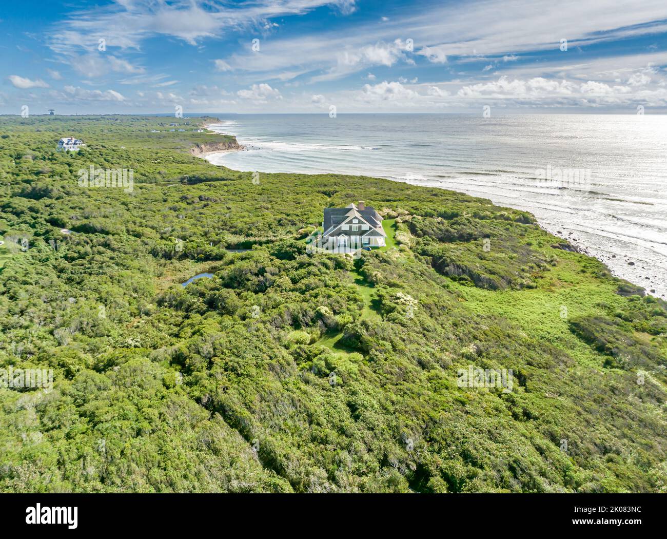 Vue aérienne du 156 Deforest Road, Montauk, NY Banque D'Images