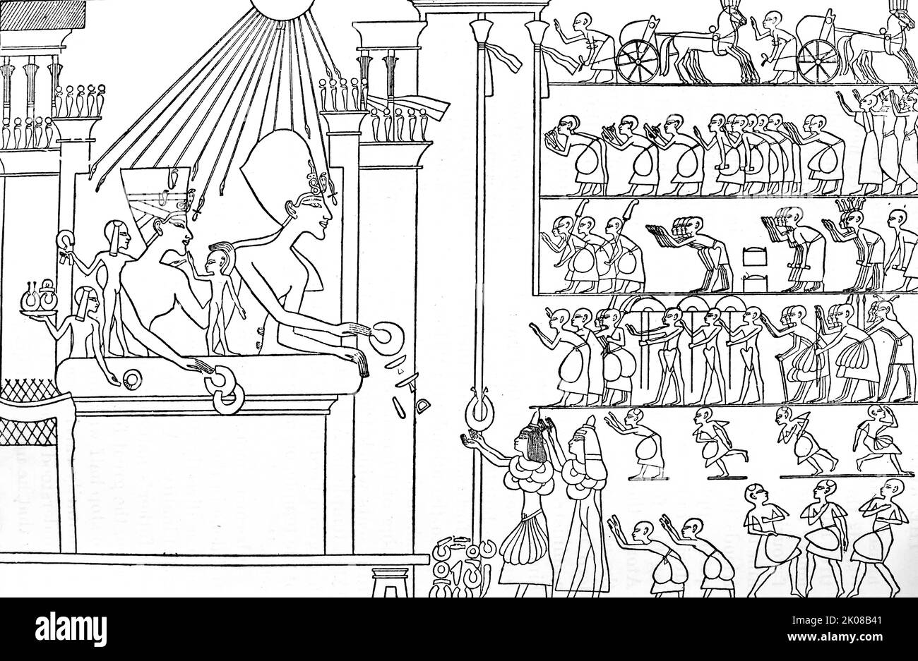 Ikhnaton et sa reine décorent le prêtre Eye et sa femme. Illustration égyptienne. Akhenaten était un pharaon égyptien ancien régnant c. 1353-1336 ou 1351-1334 av. J.-C., dixième souverain de la dix-huitième dynastie Banque D'Images