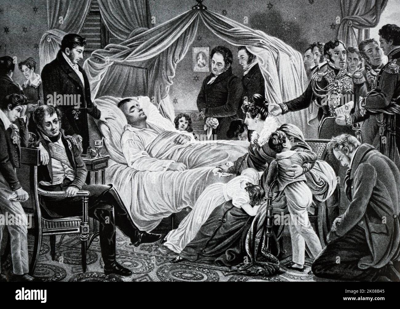 Sir Hudson Lowe GCMG KCB (28 juillet 1769 - 10 janvier 1844) était un soldat anglo-irlandais et administrateur colonial qui est plus connu pour son temps comme gouverneur de Sainte-Hélène, où il était le « jaillier » de l'empereur Napoléon. Sir Hudson Lowe sur son lit de mort Banque D'Images